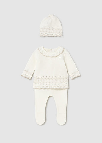 Conj. Polaina y gorro tricot crudo