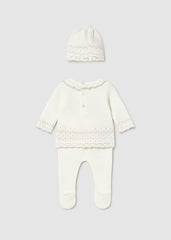 Conj. Polaina y gorro tricot crudo