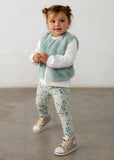 Conj. Leggings chaleco pelo flores anis