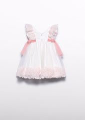 Vestido tul bordado guipur nata-rosa