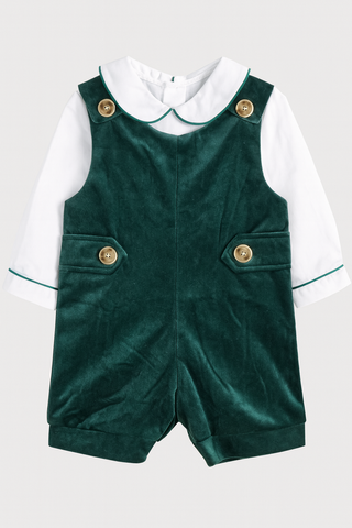 Pete Green velvet boy shortall w/ woven shirt